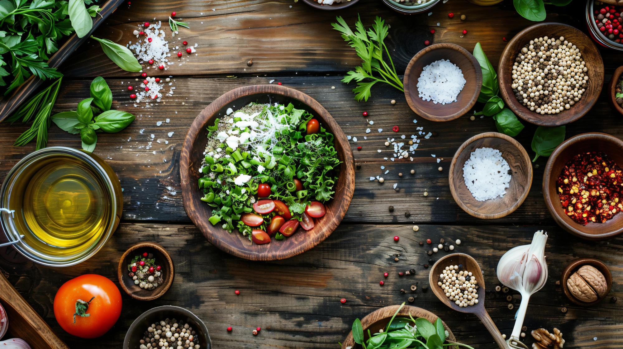 Fresh ingredients arranged in bowls on a wooden table